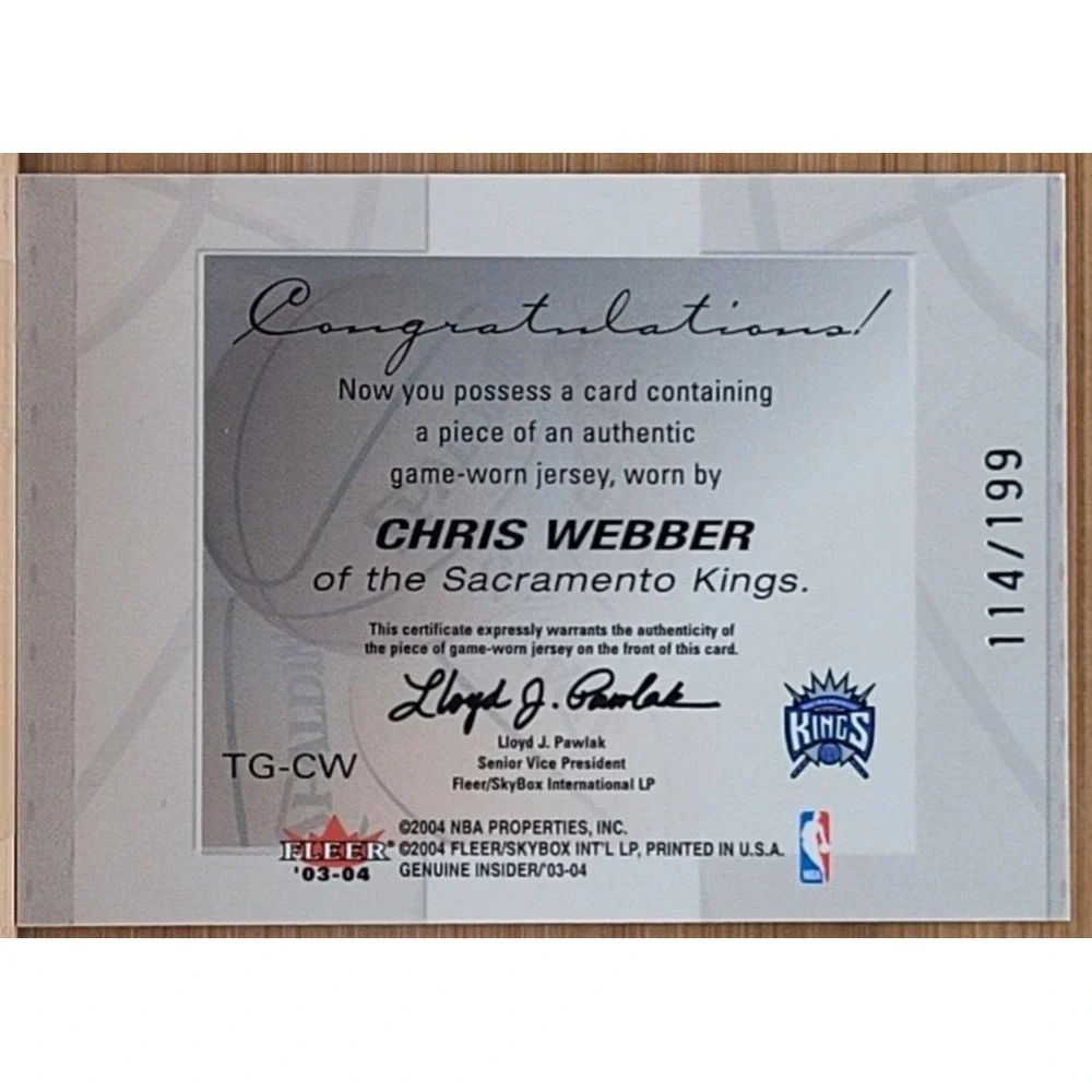 2003-04 FLEER GENUINE INSIDER CHRIS WEBBER TOOLS OF THE GAME  #D/199 GU RELIC‎